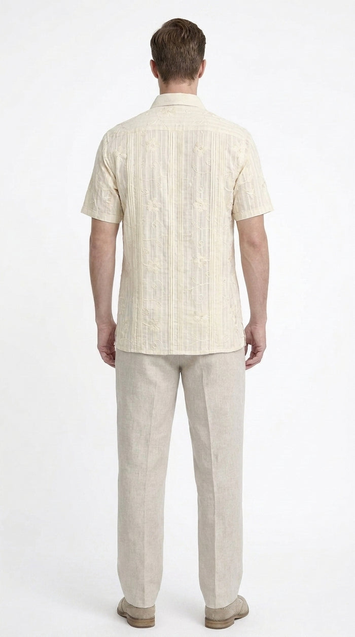 Men’s Cream Abstract Stripe Walking Suit Set, 2 Piece Short Sleeve Casual Shirt and Pants Outfit