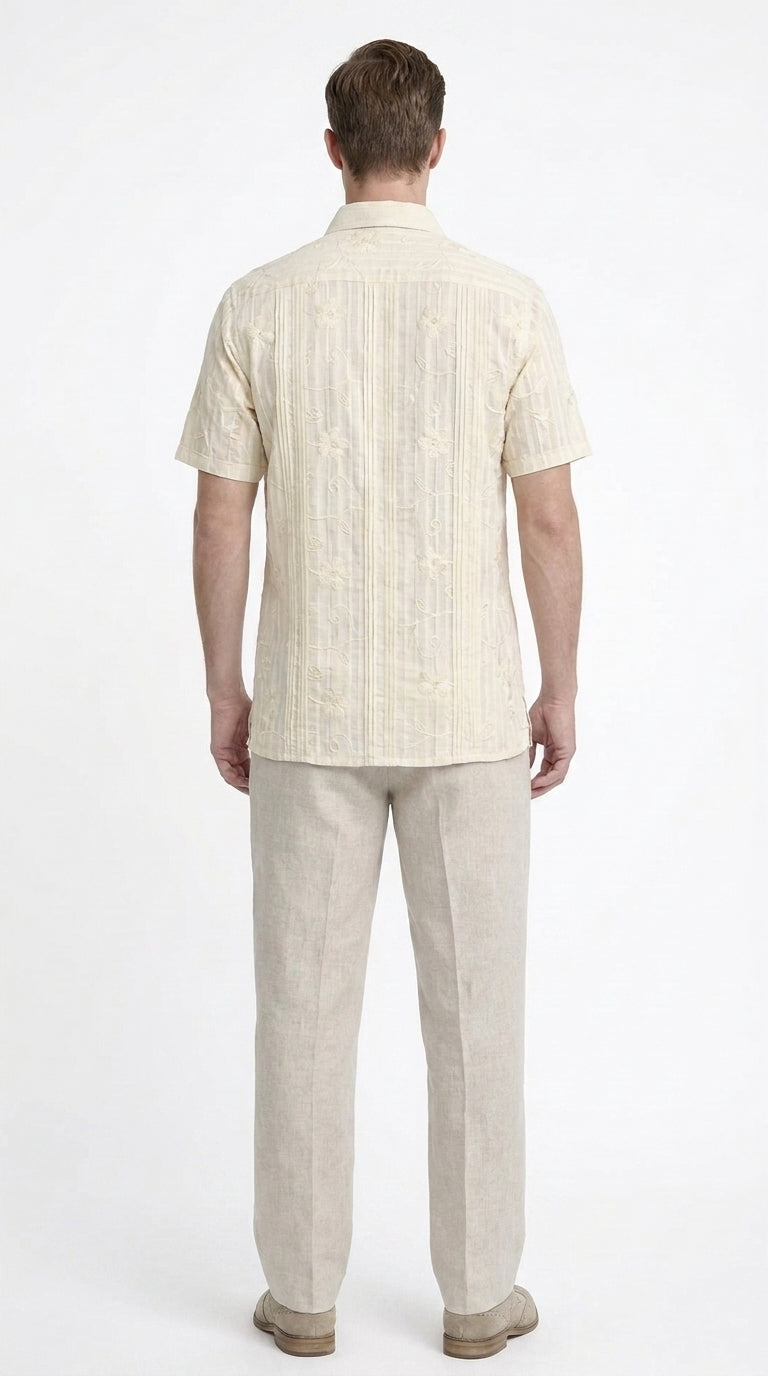 Men’s Cream Abstract Stripe Walking Suit Set, 2 Piece Short Sleeve Casual Shirt and Pants Outfit
