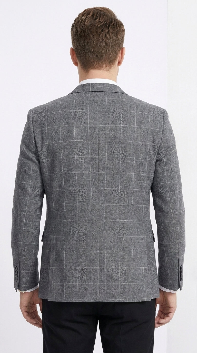Tazio Men’s Charcoal Grey Plaid Sport Coat, 2 Button Windowpane Formal Blazer