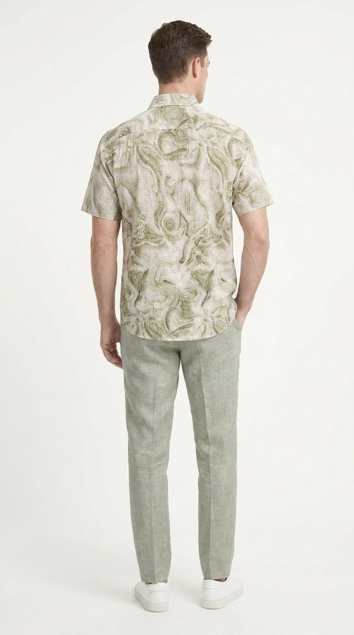 Men’s Sage Green Abstract Print Walking Suit Set, 2 Piece Short Sleeve Casual Shirt and Pants Outfit