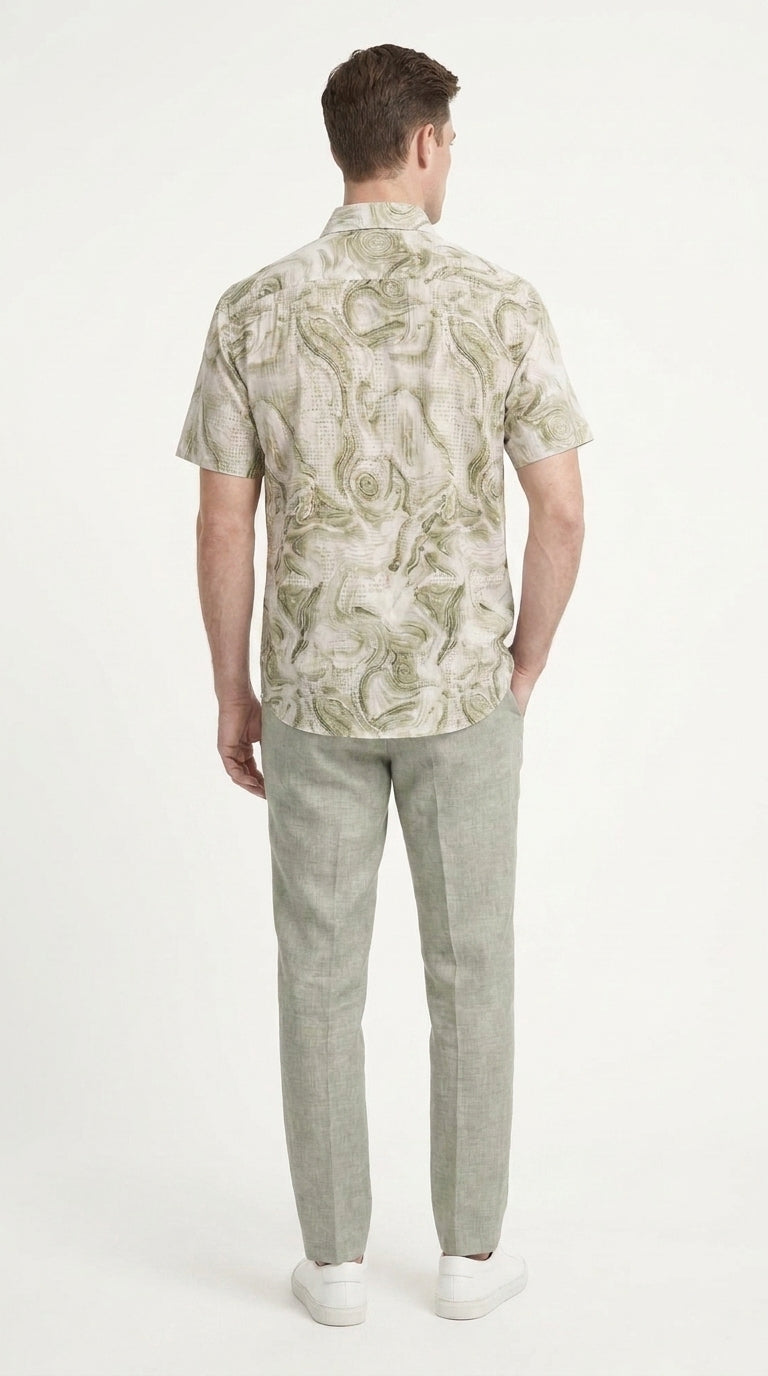 Men’s Sage Green Abstract Print Walking Suit Set, 2 Piece Short Sleeve Casual Shirt and Pants Outfit