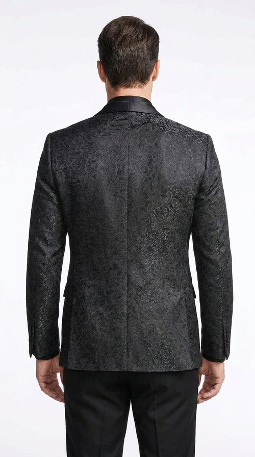 Tazzio Men’s Black Tonal Paisley Tuxedo Jacket, Slim Fit Wedding Prom Formal Dinner Blazer