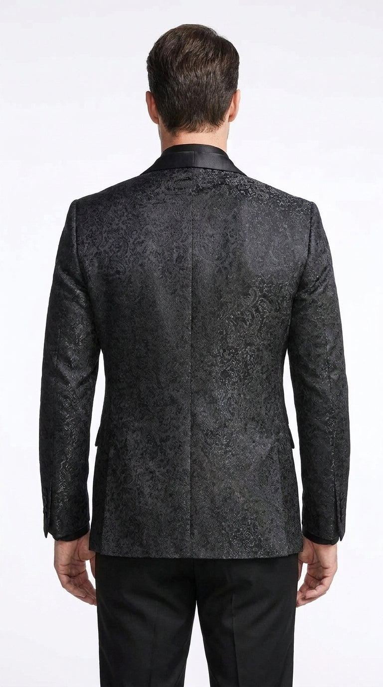 Tazzio Men’s Black Tonal Paisley Tuxedo Jacket, Slim Fit Wedding Prom Formal Dinner Blazer