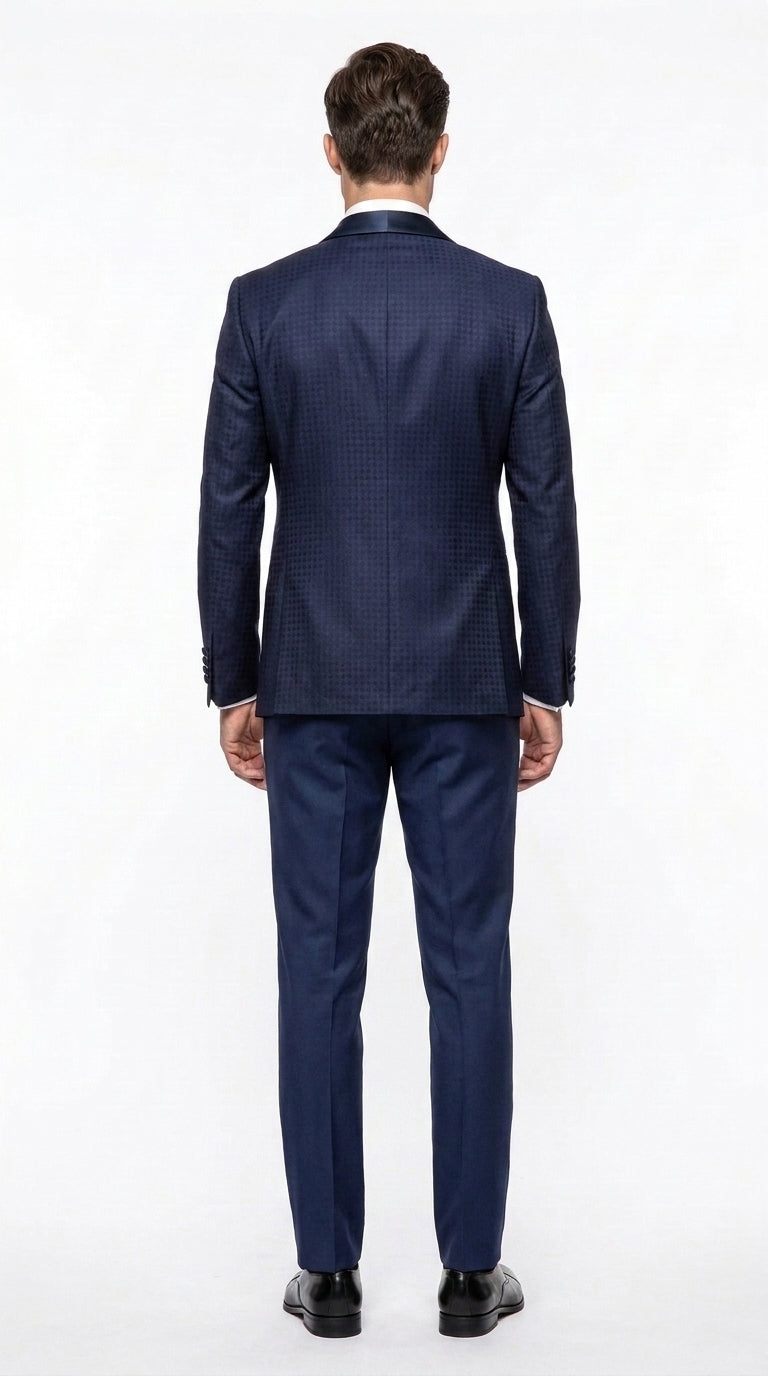 Men’s Navy Pinstripe Great Gatsby Tuxedo Suit, Shawl Collar Sateen Lapel Formal Wedding Prom Suit