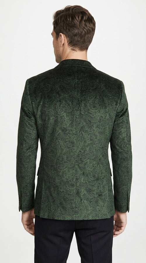 Men’s Olive Green Paisley Velvet Blazer, Formal Jacquard Sport Coat for Weddings, Prom and Parties