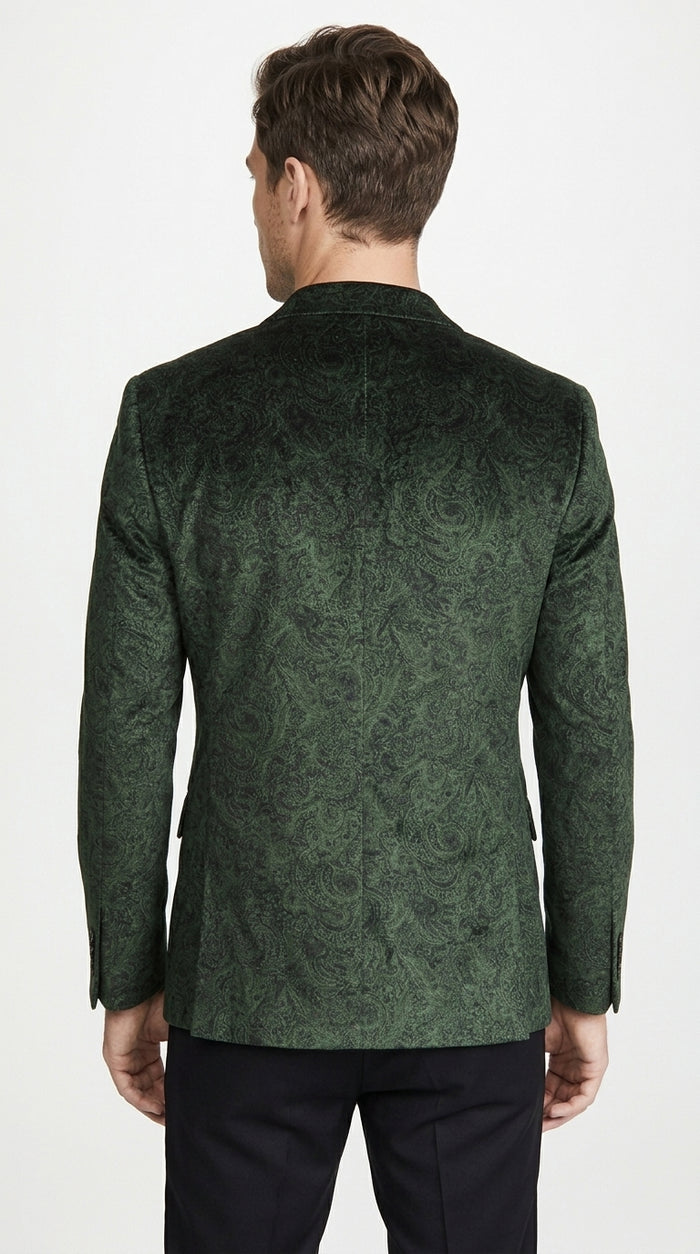 Men’s Olive Green Paisley Velvet Blazer, Formal Jacquard Sport Coat for Weddings, Prom and Parties