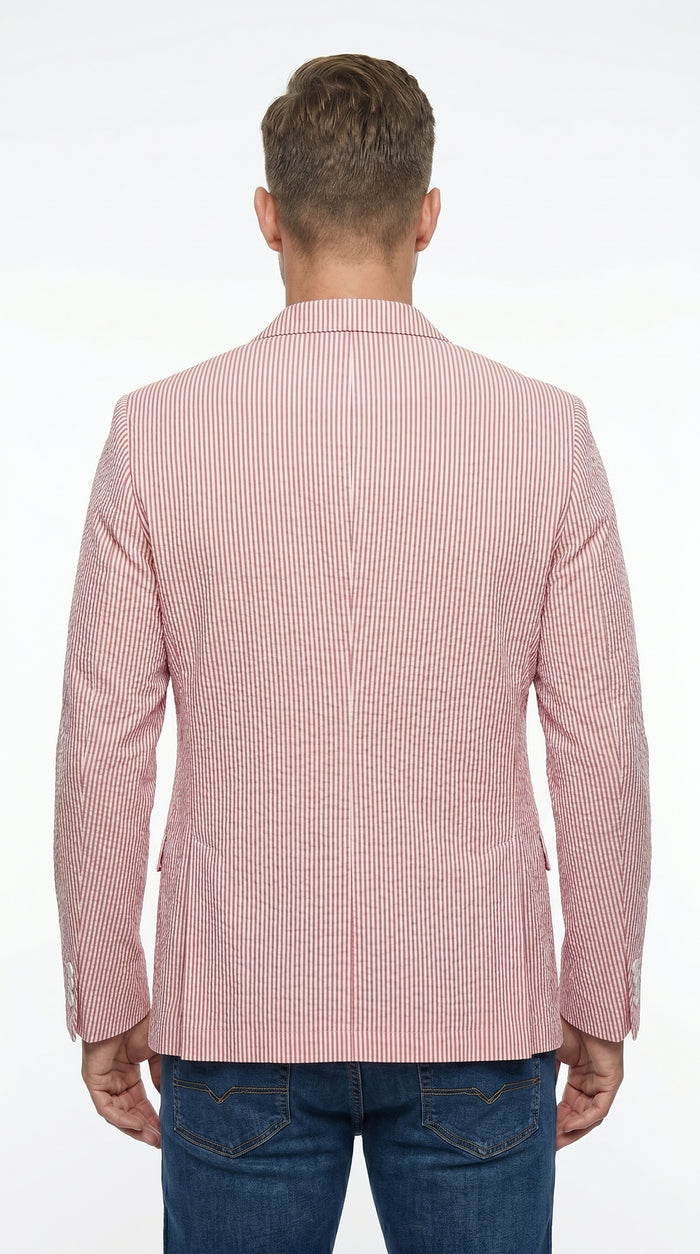 Men’s Red Brick Seersucker 2 Button Blazer, Lightweight Summer Sport Coat for Dress Casual Wear