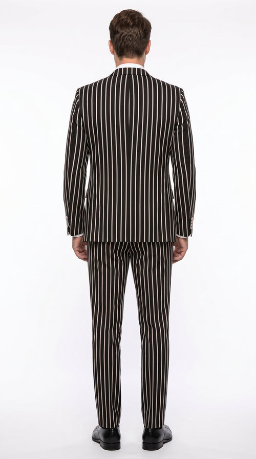 1920s Men’s Black Bold Pinstripe 3 Piece Gangster Suit – Vested Vintage Wedding & Formal Suit