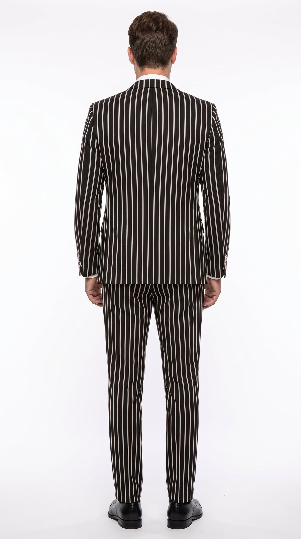 1920s Men’s Black Bold Pinstripe 3 Piece Gangster Suit – Vested Vintage Wedding & Formal Suit