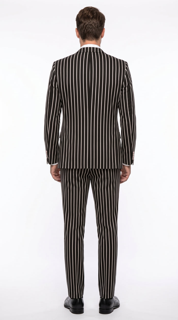 1920s Men’s Black Bold Pinstripe 3 Piece Gangster Suit – Vested Vintage Wedding & Formal Suit