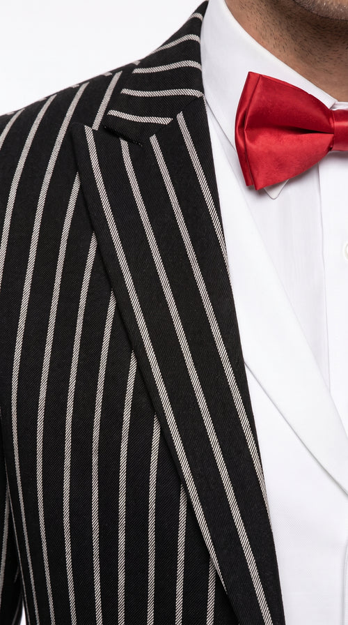 1920s Men’s Black Bold Pinstripe 3 Piece Gangster Suit – Vested Vintage Wedding & Formal Suit