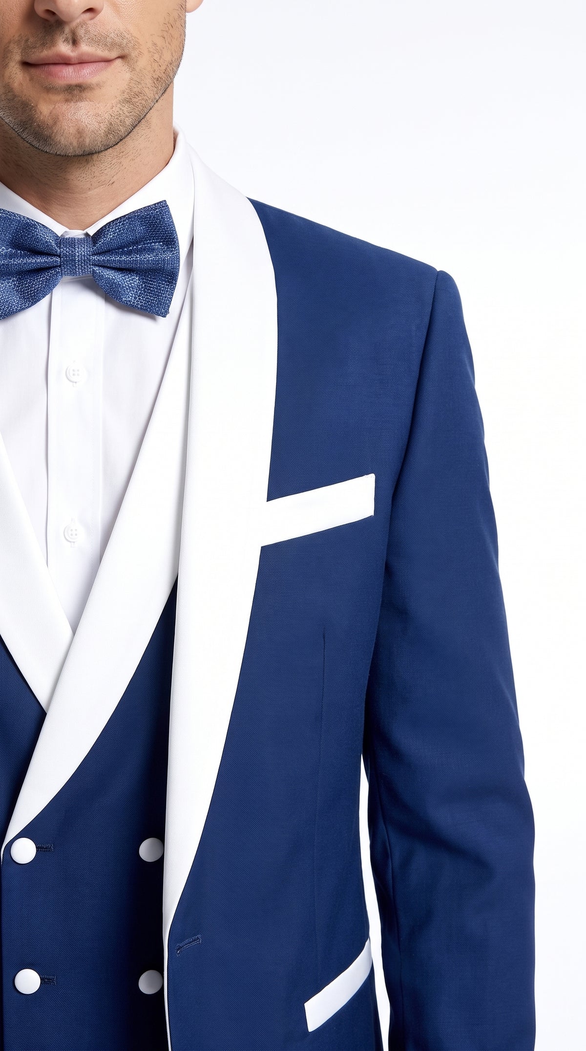 Men’s Royal Blue Tuxedo 3 Piece Suit with White Shawl Lapel – Double Breasted Vest Wedding & Prom Suit