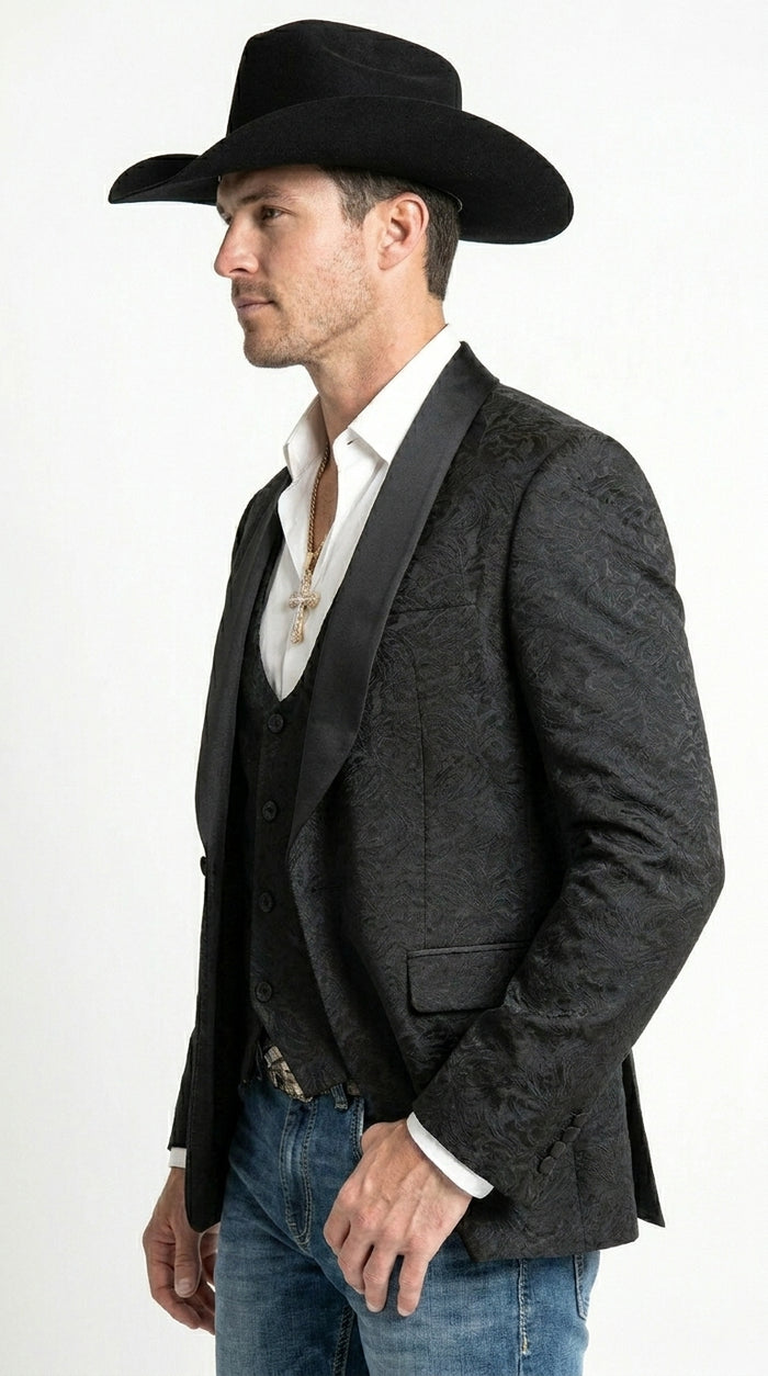 Men’s Black Paisley Jacquard Blazer with Satin Shawl Lapel, Western Formal Designer Jacket