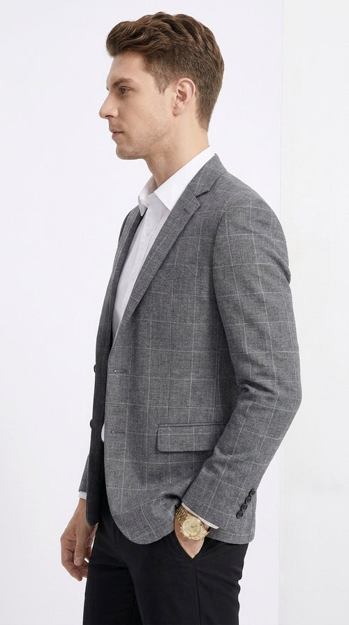 Tazio Men’s Charcoal Grey Plaid Sport Coat, 2 Button Windowpane Formal Blazer