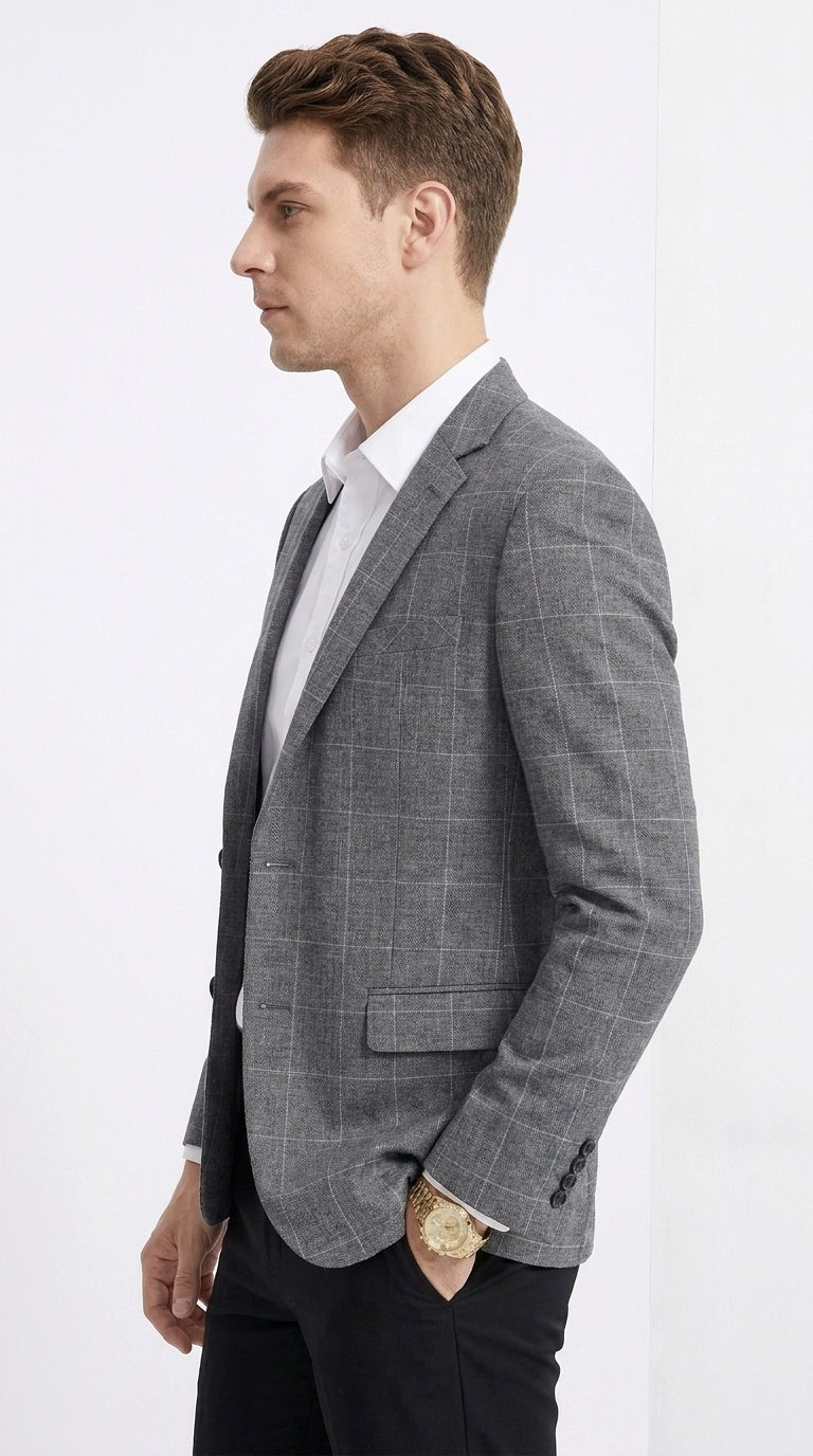 Tazio Men’s Charcoal Grey Plaid Sport Coat, 2 Button Windowpane Formal Blazer