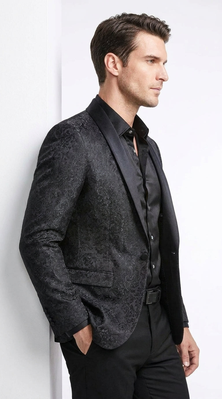 Tazzio Men’s Black Tonal Paisley Tuxedo Jacket, Slim Fit Wedding Prom Formal Dinner Blazer