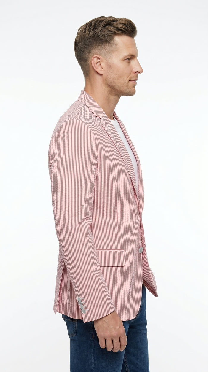 Men’s Red Brick Seersucker 2 Button Blazer, Lightweight Summer Sport Coat for Dress Casual Wear