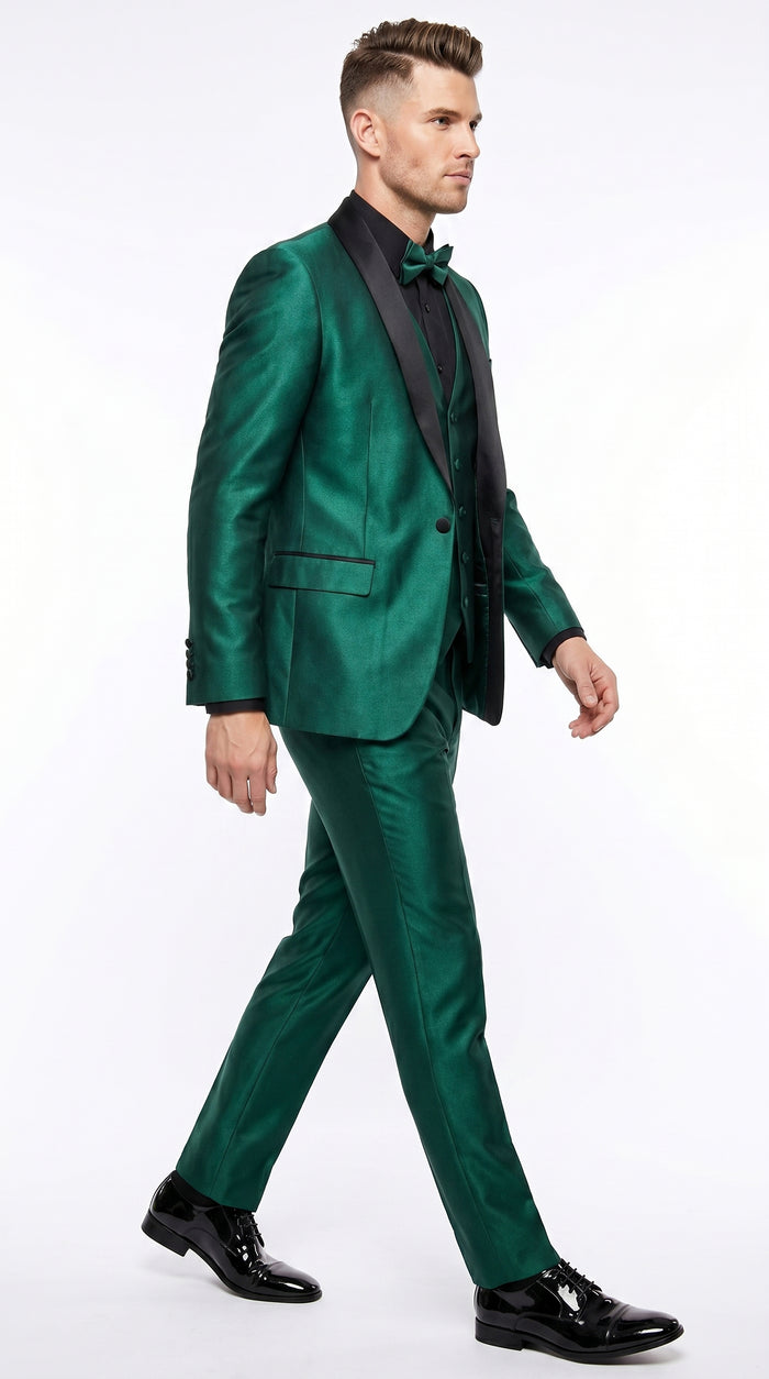 Men’s Emerald Green 3 Piece Tuxedo with Black Satin Shawl Lapel and Matching Vest