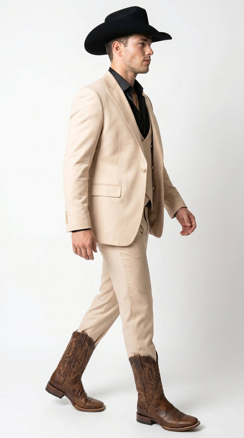Men’s Light Beige Western 3 Piece Suit with Shawl Lapel, Cowboy Tuxedo Formal Outfit