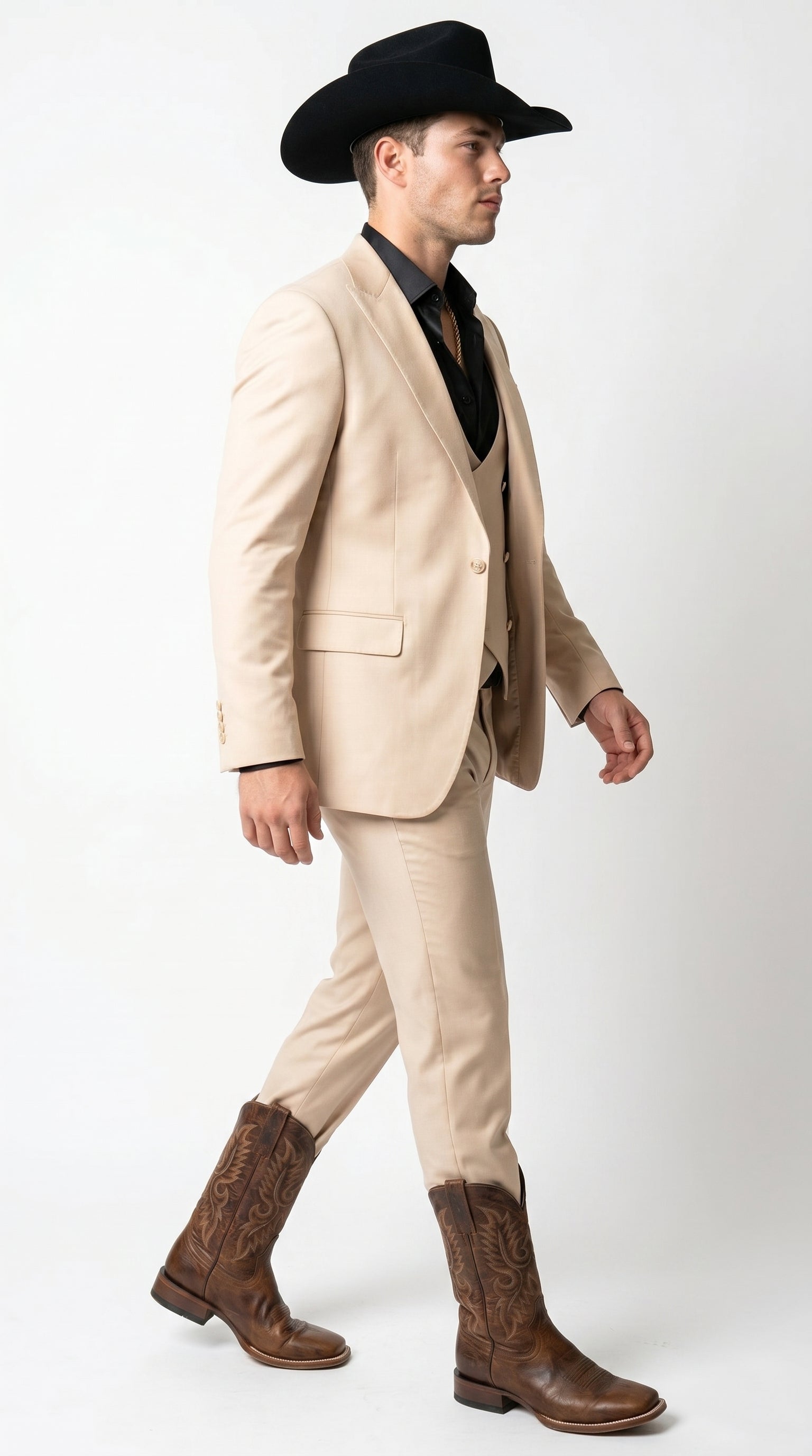 Men’s Light Beige Western 3 Piece Suit with Shawl Lapel, Cowboy Tuxedo Formal Outfit
