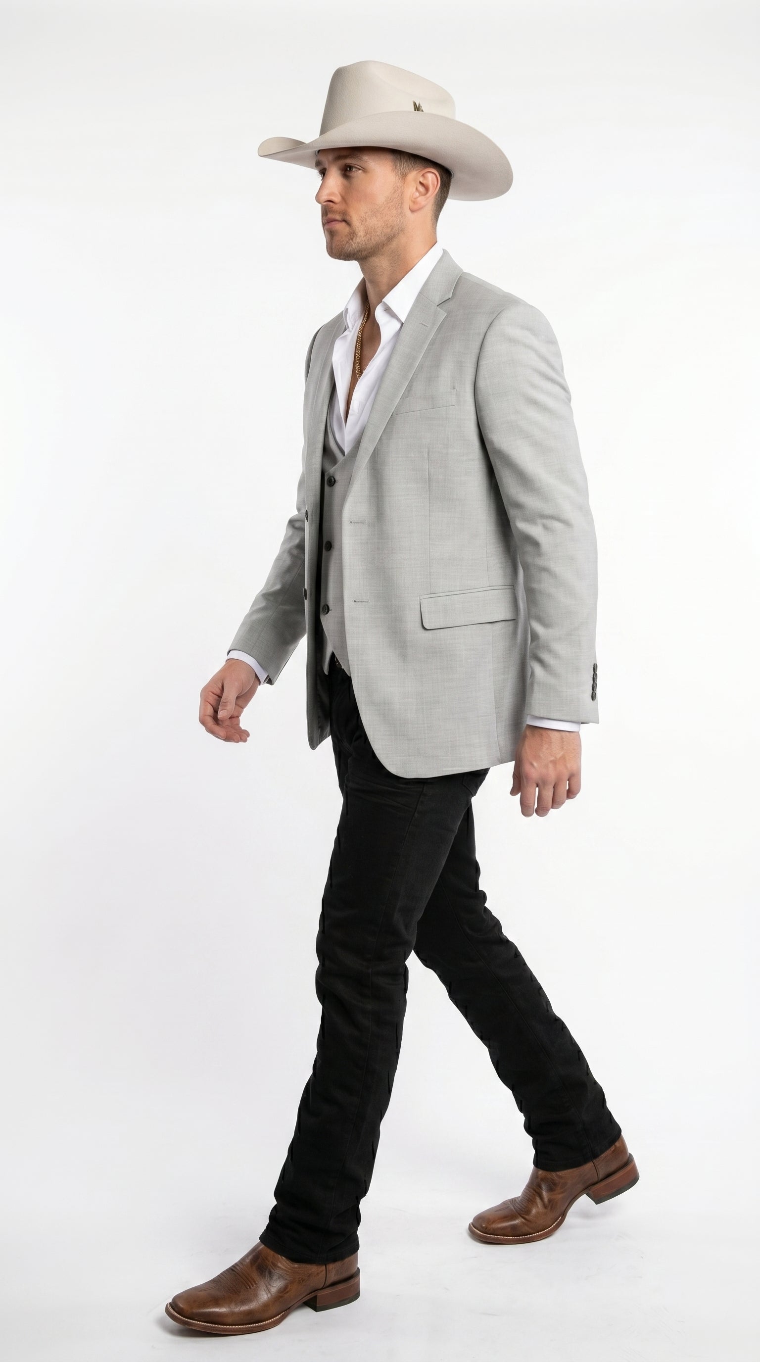 Men’s Light Gray Western Suit Blazer with Double Breasted Vest, Modern Cowboy Formal Outfit