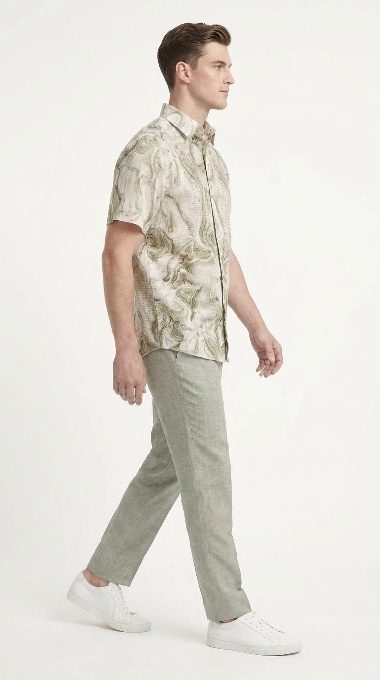 Men’s Sage Green Abstract Print Walking Suit Set, 2 Piece Short Sleeve Casual Shirt and Pants Outfit