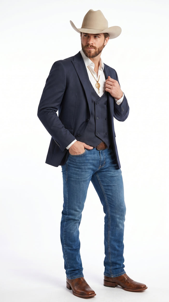 Men’s Navy Western Suit Blazer with Double Breasted Vest, Modern Cowboy Formal Outfit