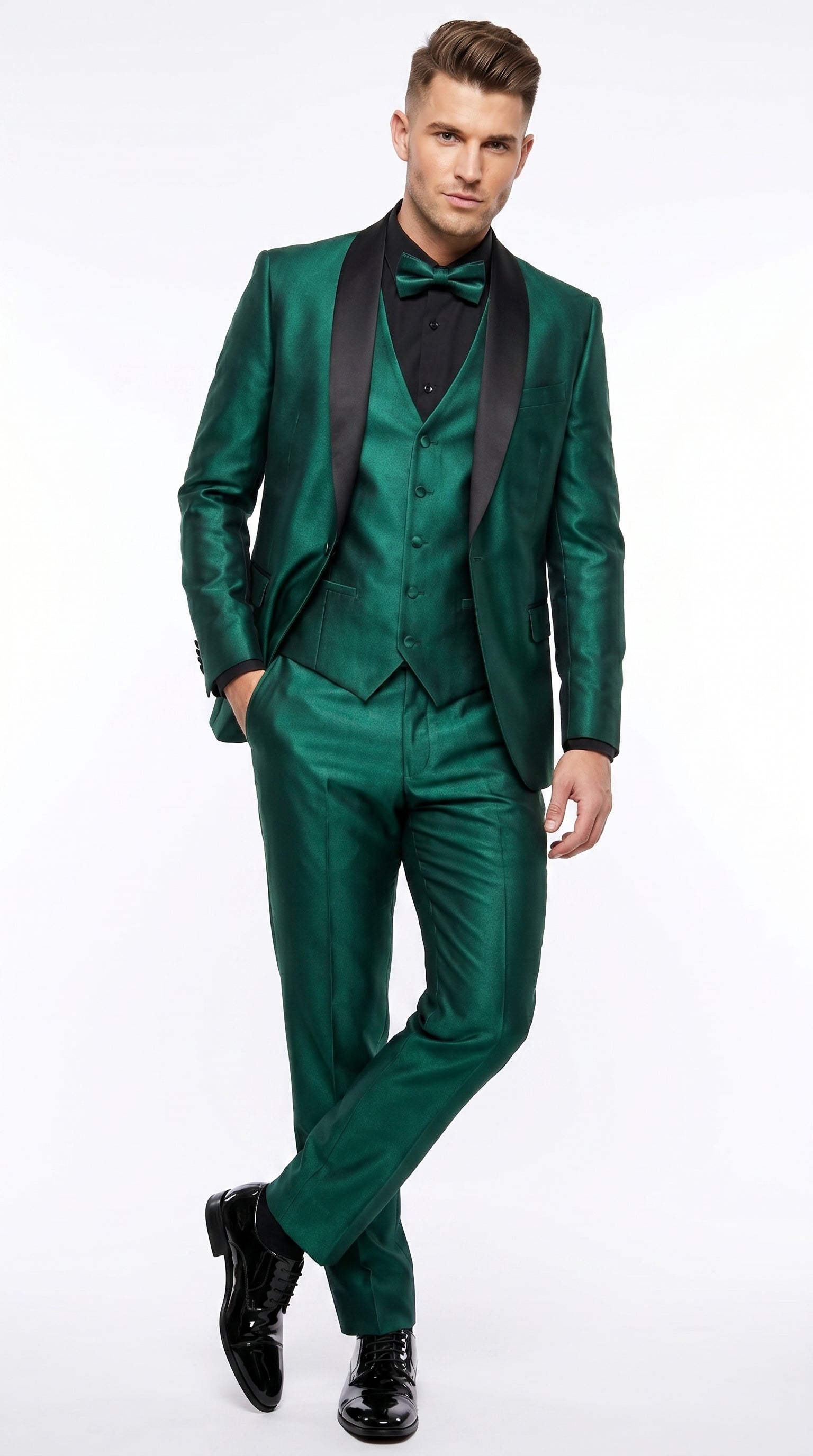 Men’s Emerald Green 3 Piece Tuxedo with Black Satin Shawl Lapel and Matching Vest
