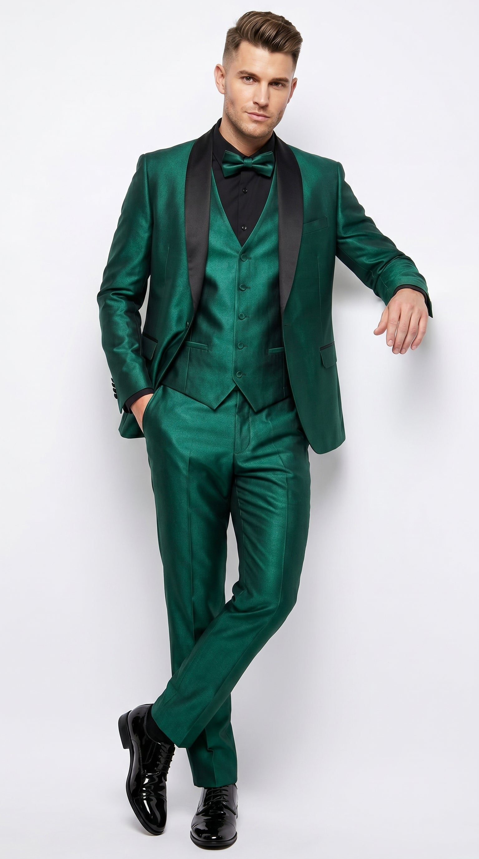 Men’s Emerald Green 3 Piece Tuxedo with Black Satin Shawl Lapel and Matching Vest – SuitUSA