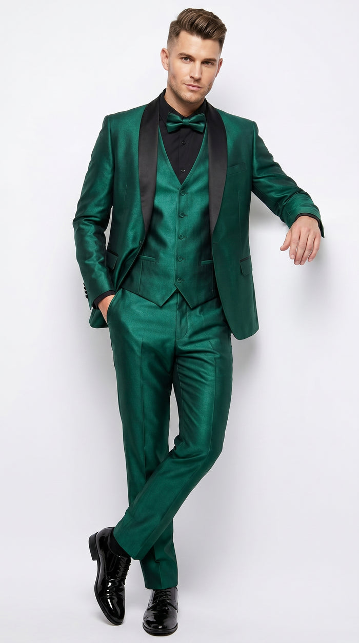 Men’s Emerald Green 3 Piece Tuxedo with Black Satin Shawl Lapel and Matching Vest