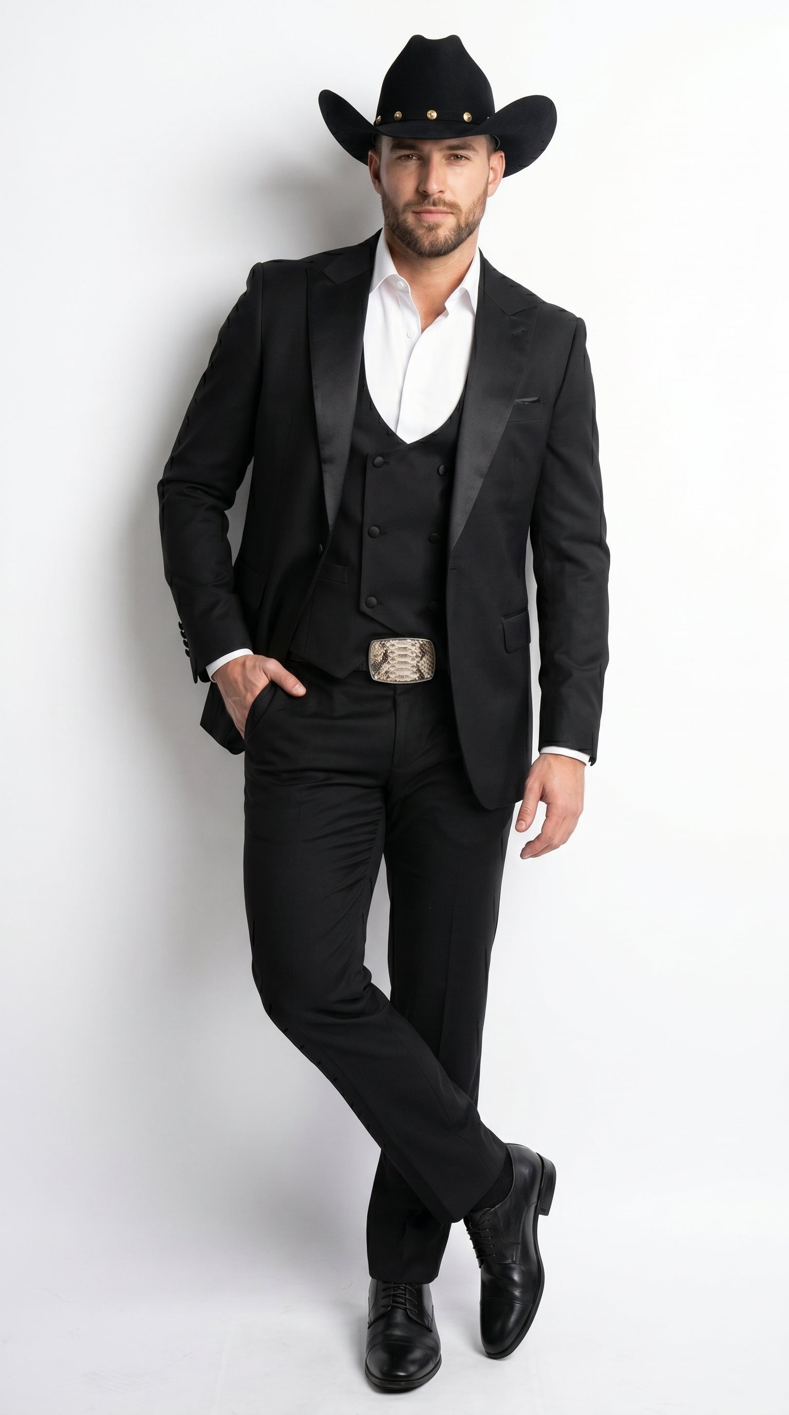 Men’s Black Western Tuxedo Suit with Satin Shawl Lapel Blazer and Double Breasted Vest