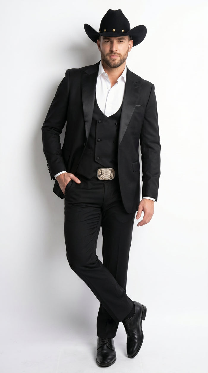 Men’s Black Western Tuxedo Suit with Satin Shawl Lapel Blazer and Double Breasted Vest