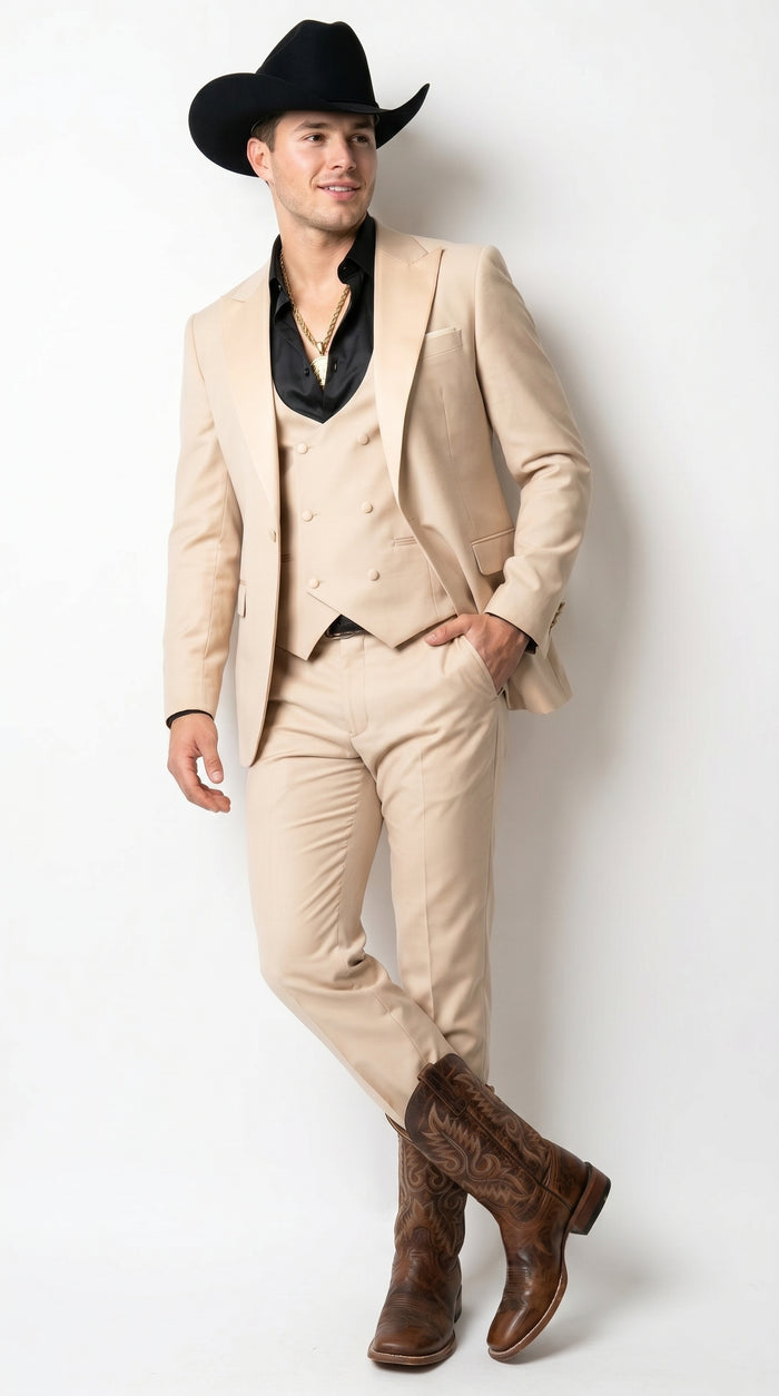 Men’s Light Beige Western 3 Piece Suit with Shawl Lapel, Cowboy Tuxedo Formal Outfit