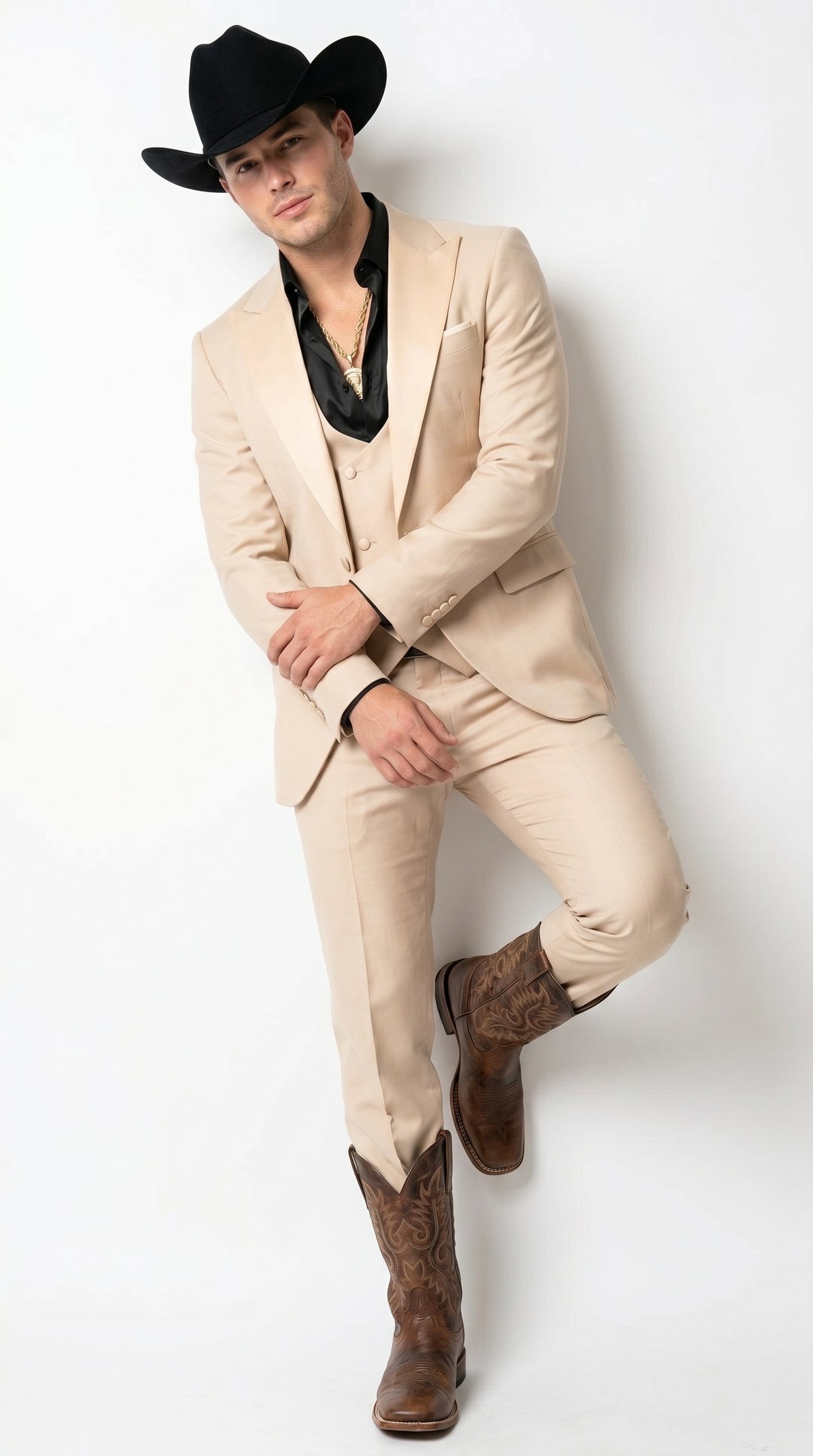Men’s Light Beige Western 3 Piece Suit with Shawl Lapel, Cowboy Tuxedo Formal Outfit