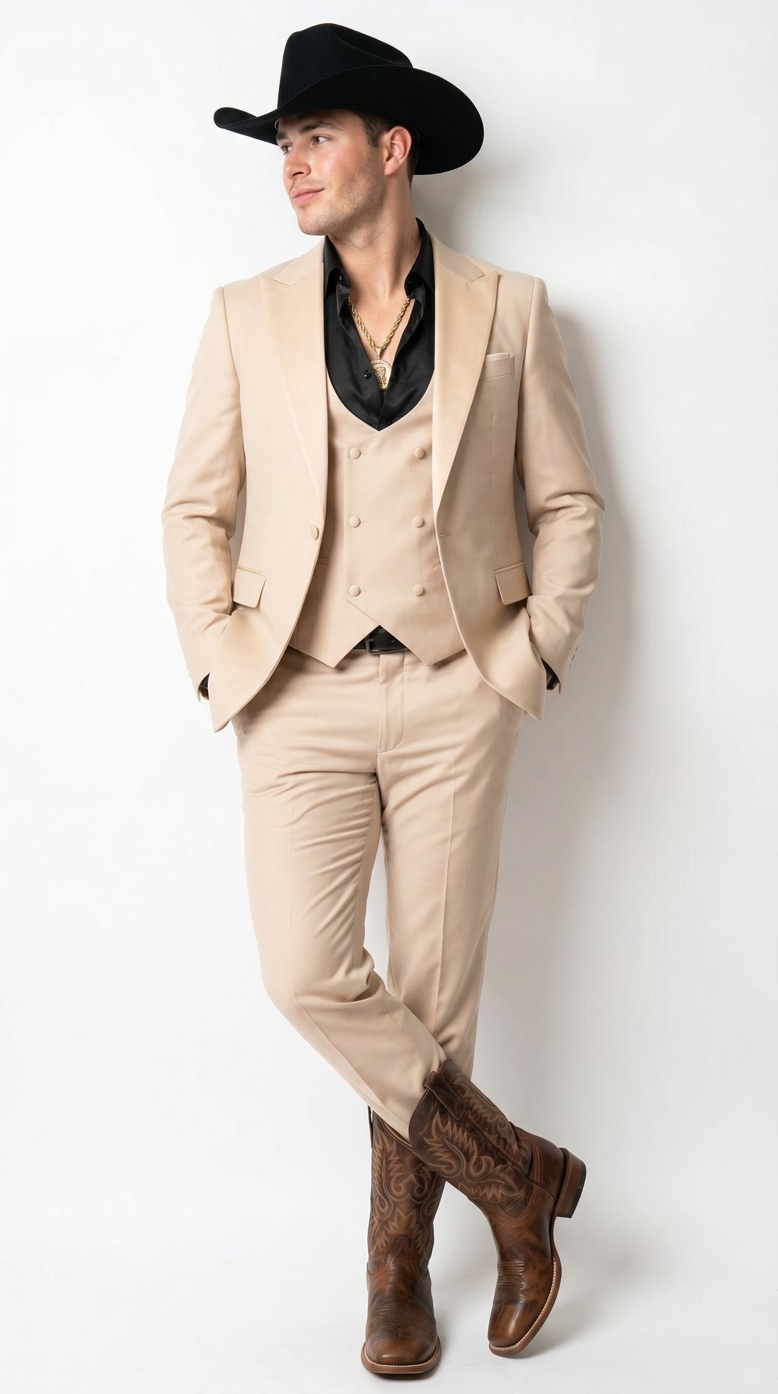 Men’s Light Beige Western 3 Piece Suit with Shawl Lapel, Cowboy Tuxedo Formal Outfit