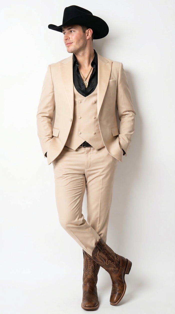 Men’s Light Beige Western 3 Piece Suit with Shawl Lapel, Cowboy Tuxedo Formal Outfit