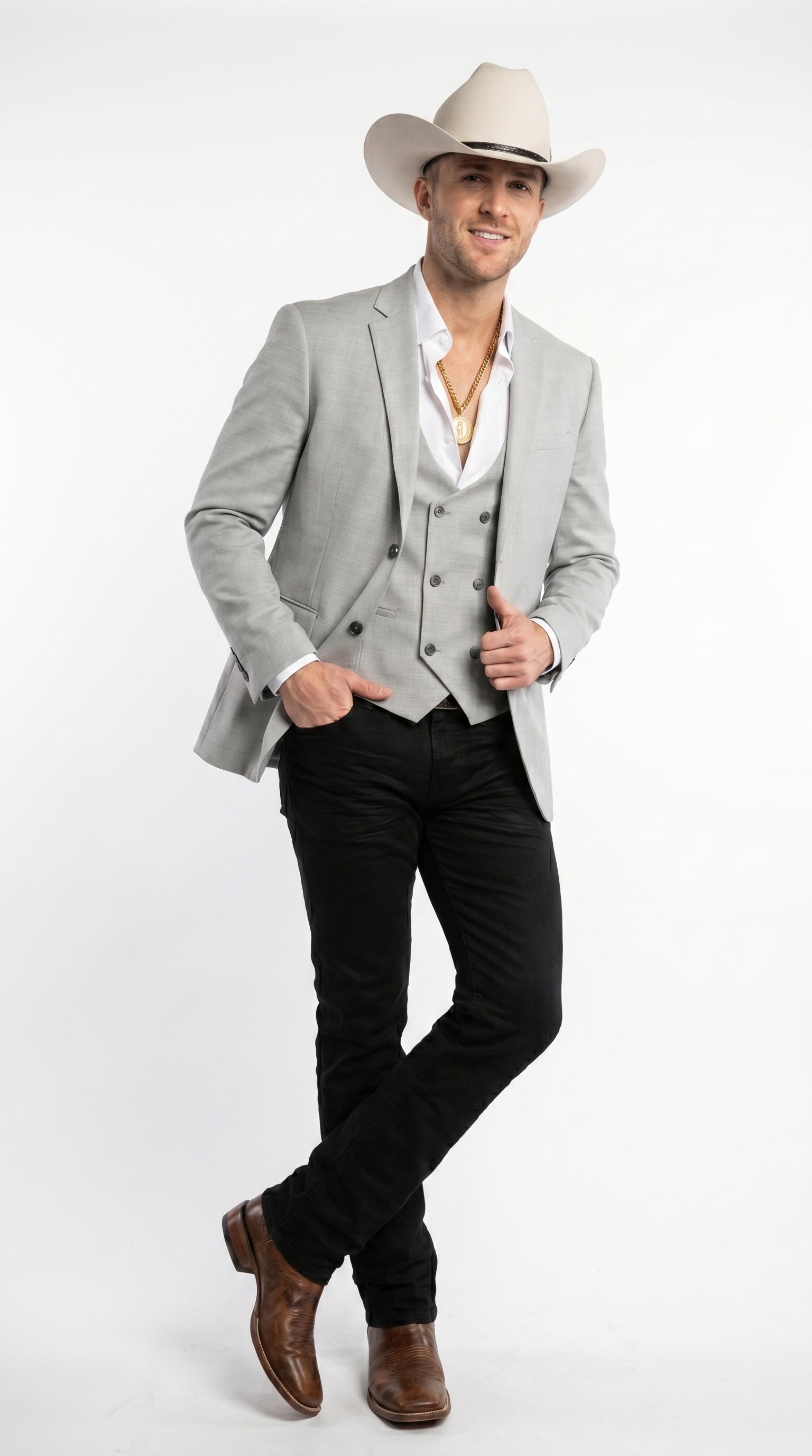 Men’s Light Gray Western Suit Blazer with Double Breasted Vest, Modern Cowboy Formal Outfit