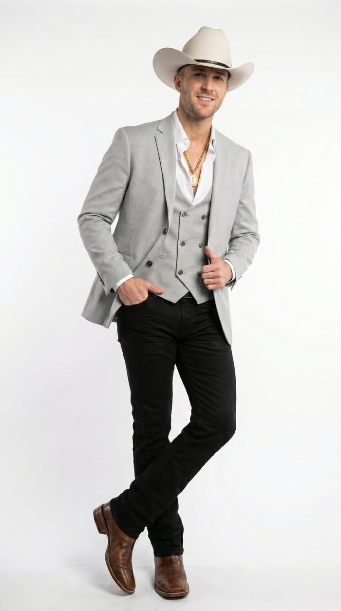 Men’s Light Gray Western Suit Blazer with Double Breasted Vest, Modern Cowboy Formal Outfit