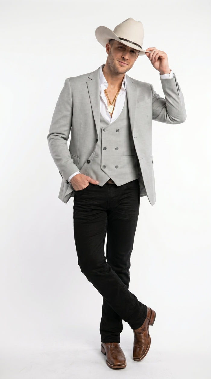 Men’s Light Gray Western Suit Blazer with Double Breasted Vest, Modern Cowboy Formal Outfit