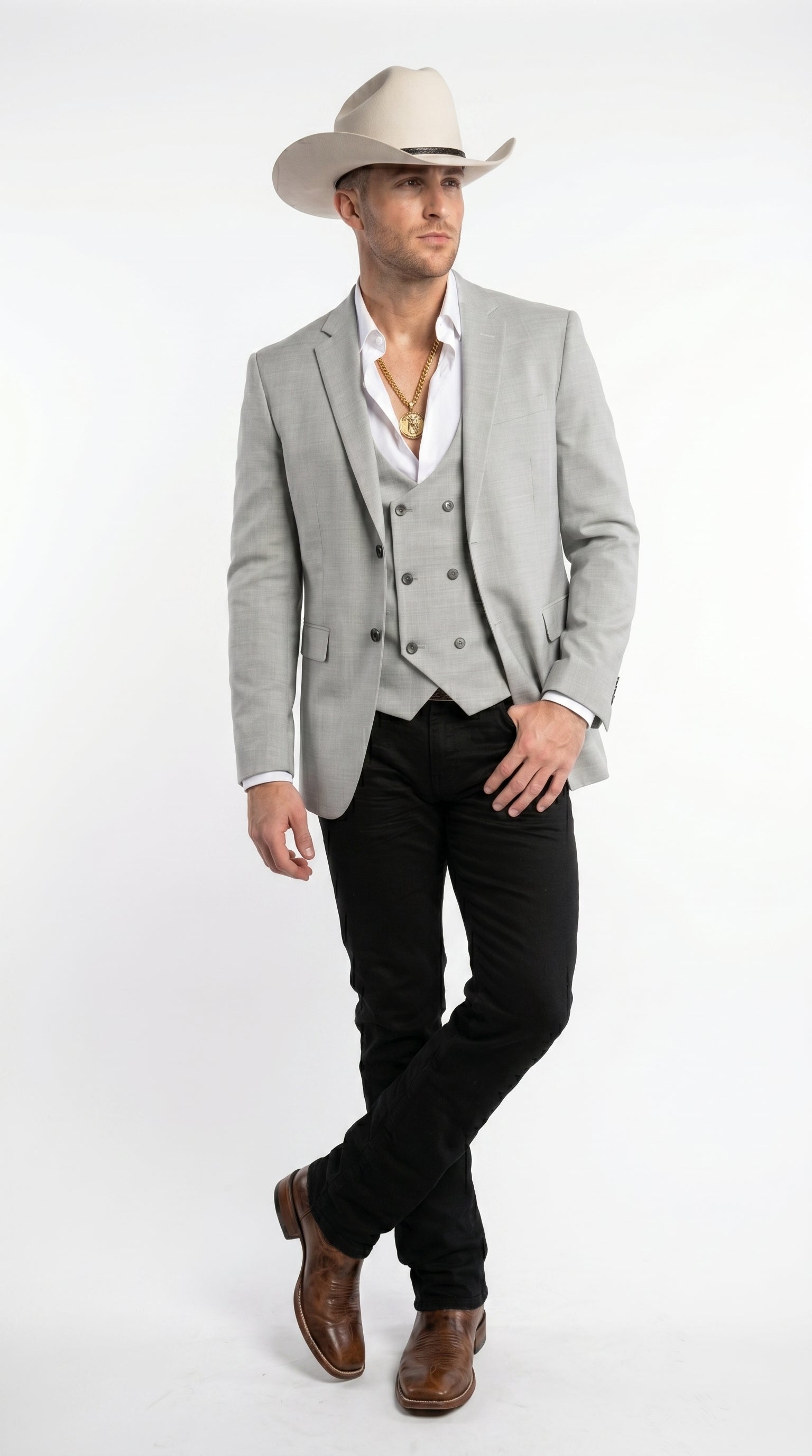 Men’s Light Gray Western Suit Blazer with Double Breasted Vest, Modern Cowboy Formal Outfit