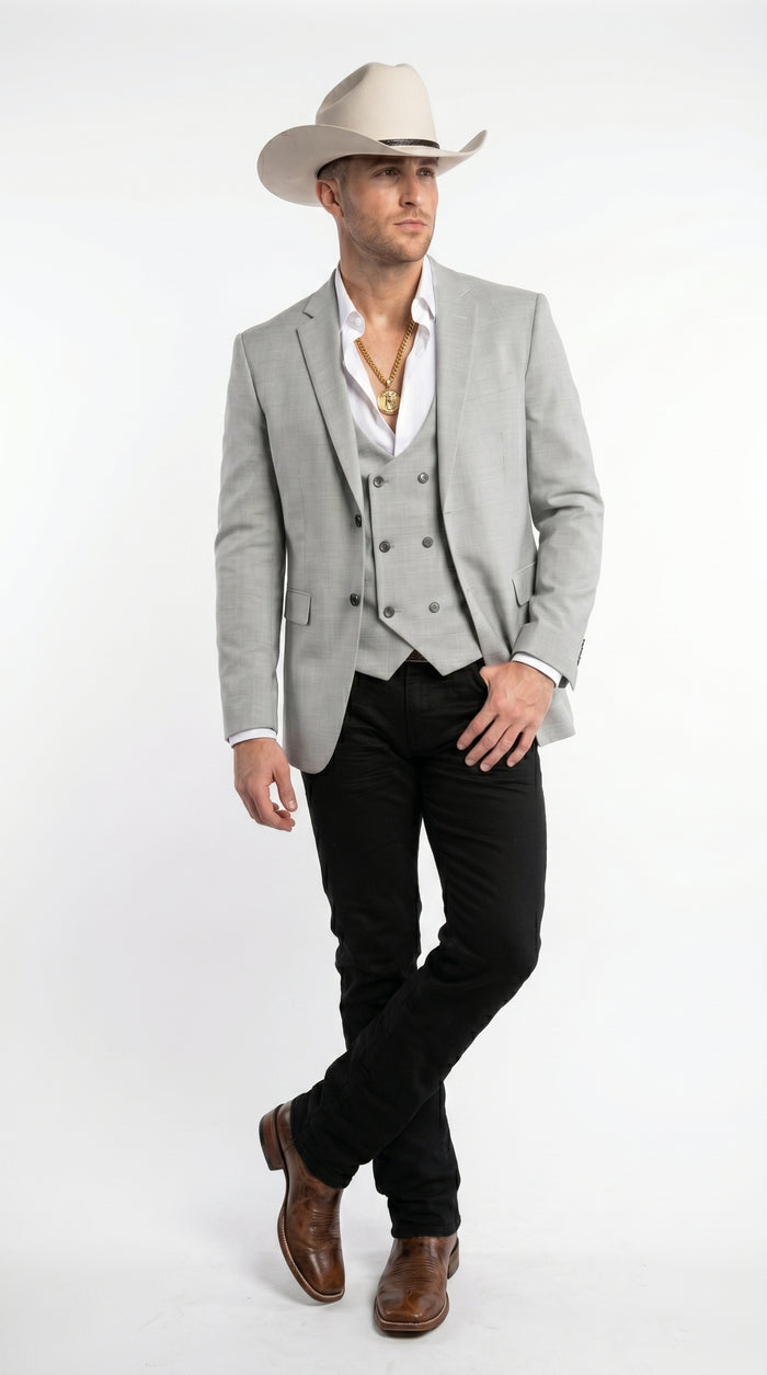 Men’s Light Gray Western Suit Blazer with Double Breasted Vest, Modern Cowboy Formal Outfit