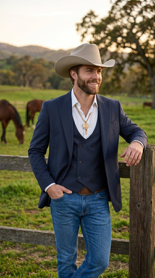 Men’s Navy Western Suit Blazer with Double Breasted Vest, Modern Cowboy Formal Outfit