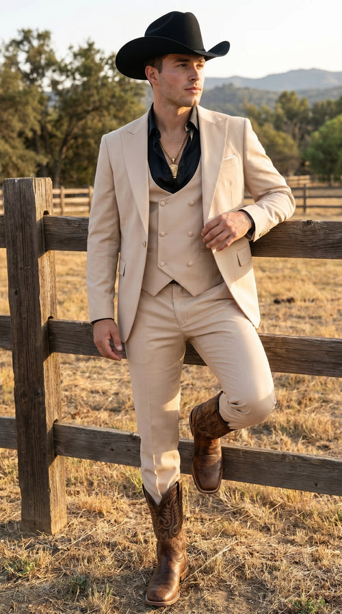 Men’s Light Beige Western 3 Piece Suit with Shawl Lapel, Cowboy Tuxedo Formal Outfit