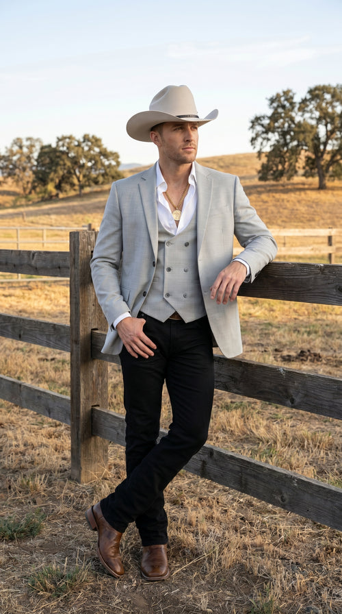 Men’s Light Gray Western Suit Blazer with Double Breasted Vest, Modern Cowboy Formal Outfit