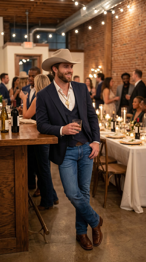 Men’s Navy Western Suit Blazer with Double Breasted Vest, Modern Cowboy Formal Outfit