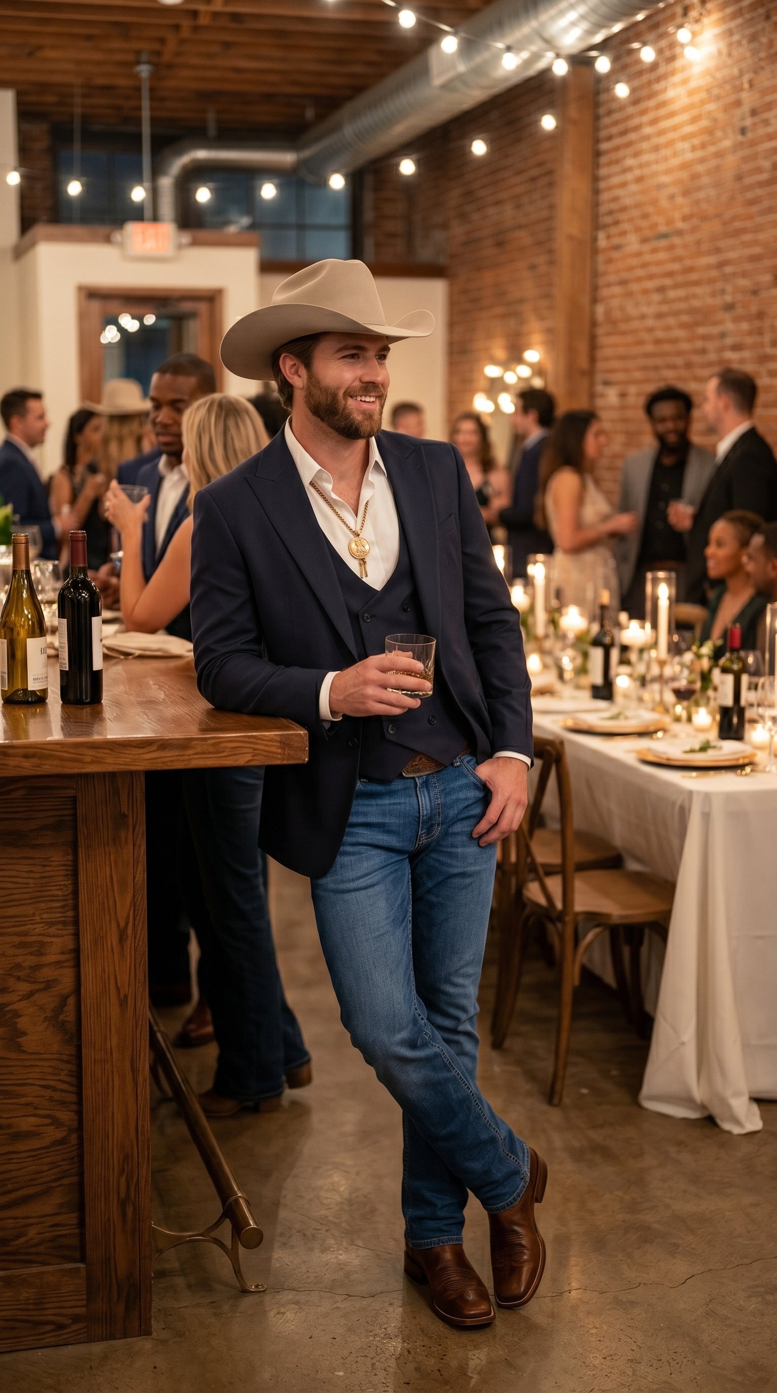 Men’s Navy Western Suit Blazer with Double Breasted Vest, Modern Cowboy Formal Outfit