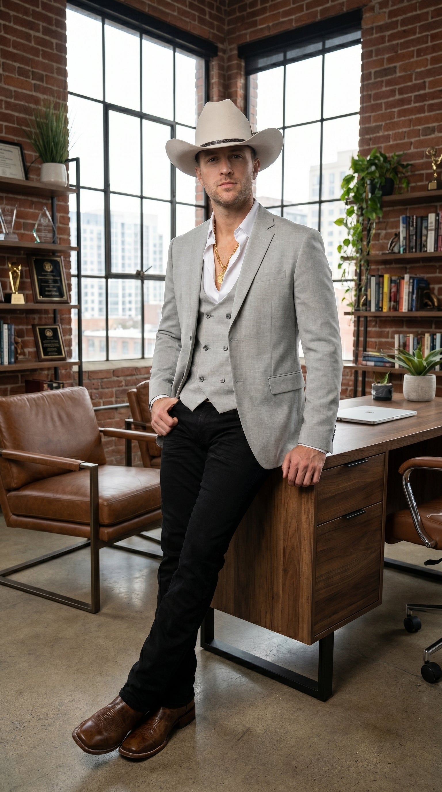 Men’s Light Gray Western Suit Blazer with Double Breasted Vest, Modern Cowboy Formal Outfit