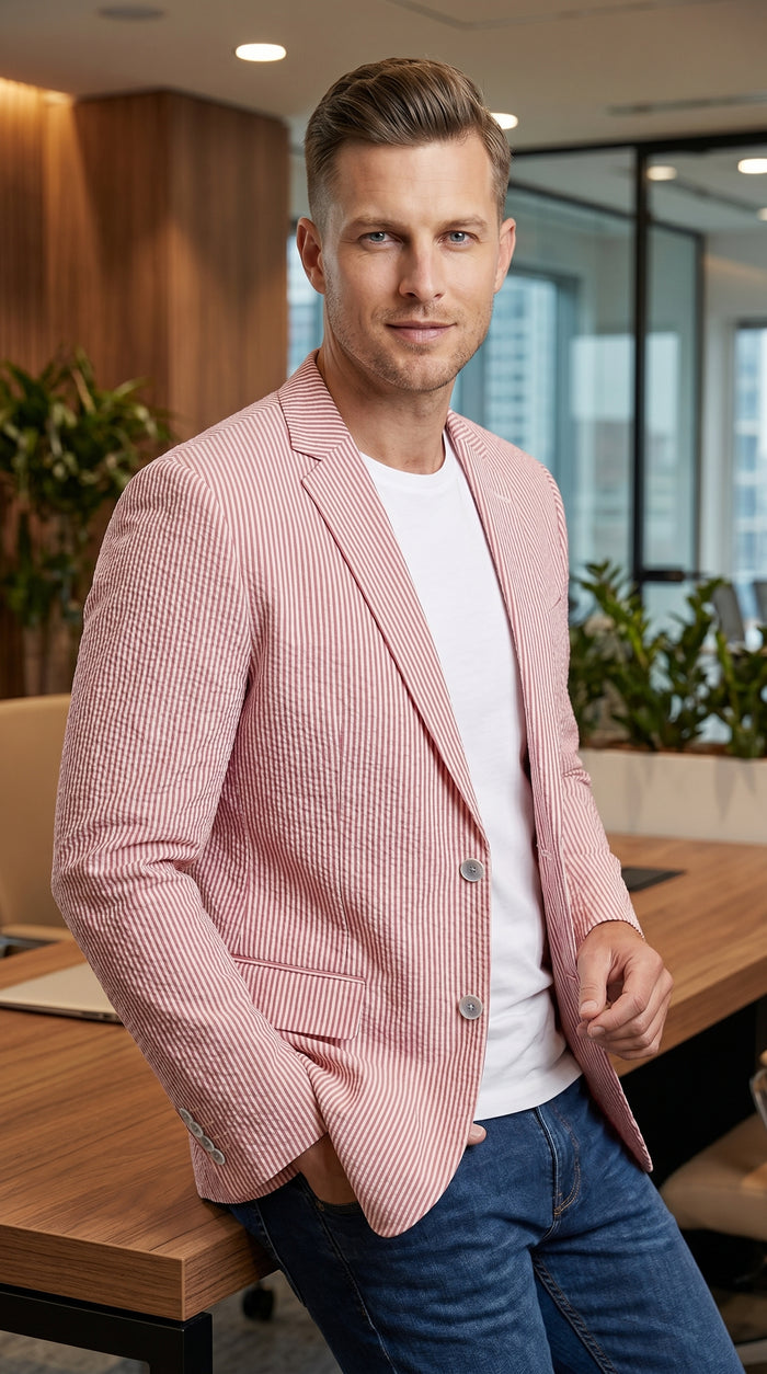 Men’s Red Brick Seersucker 2 Button Blazer, Lightweight Summer Sport Coat for Dress Casual Wear