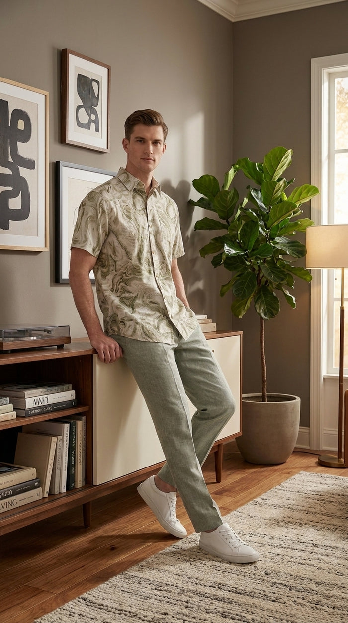 Men’s Sage Green Abstract Print Walking Suit Set, 2 Piece Short Sleeve Casual Shirt and Pants Outfit
