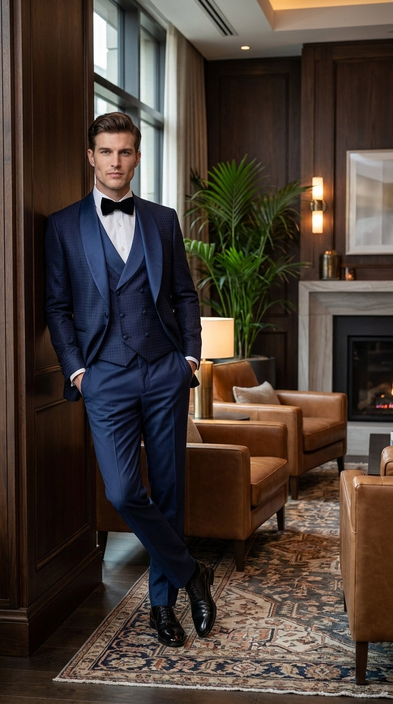 Men’s Navy Pinstripe Great Gatsby Tuxedo Suit, Shawl Collar Sateen Lapel Formal Wedding Prom Suit